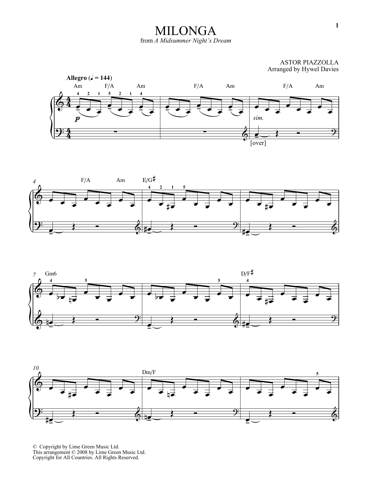 Astor Piazzolla Milonga Sheet Music Notes & Chords for Piano Solo - Download or Print PDF