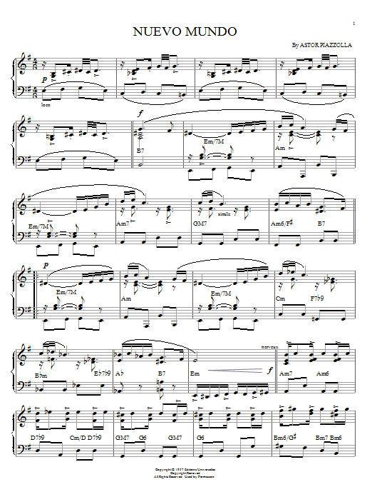 Astor Piazzolla Nuevo Mundo Sheet Music Notes & Chords for Piano - Download or Print PDF Astor Piazzolla Nuevo Mundo Sheet Music Notes & Chords for Piano - Download or Print PDF