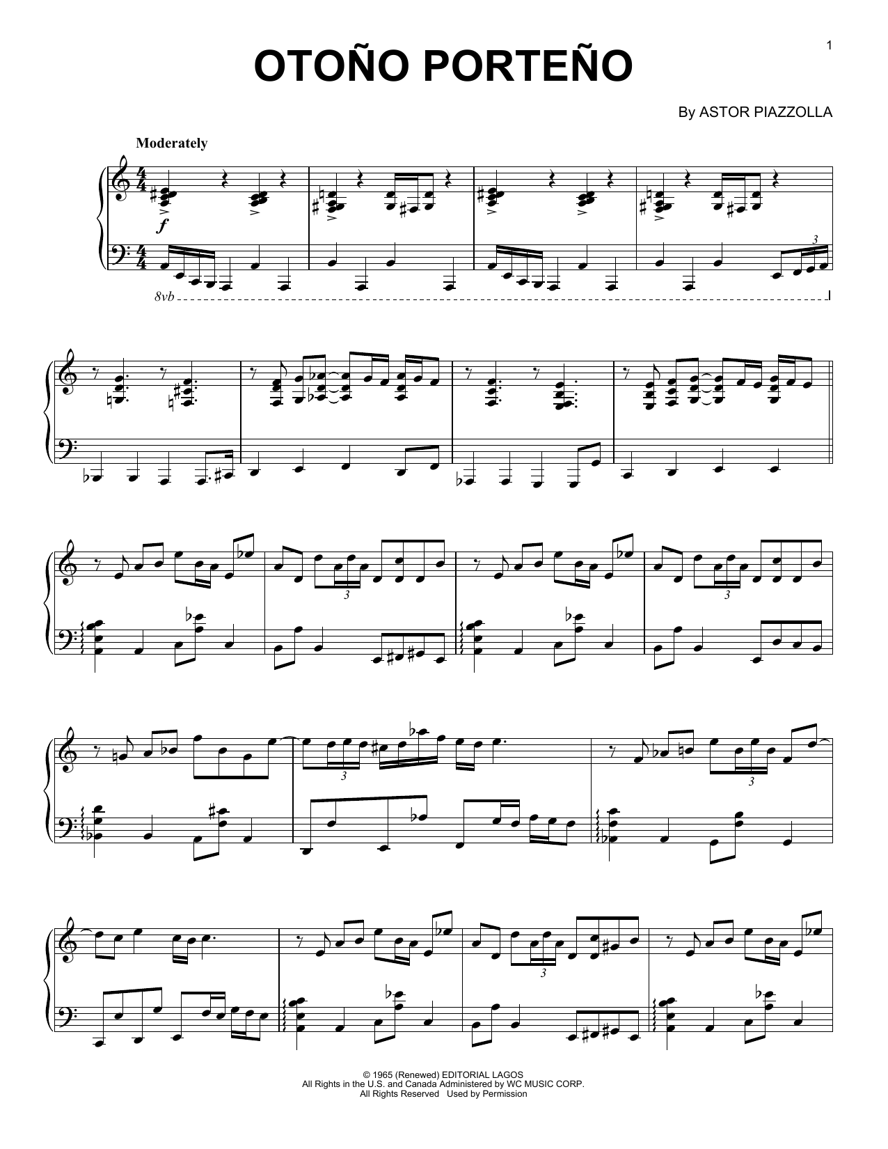 Astor Piazzolla Otono Porteno Sheet Music Notes & Chords for Piano Solo - Download or Print PDF