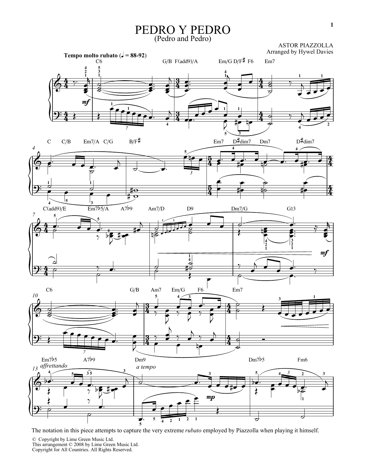 Astor Piazzolla Pedro Y Pedro Sheet Music Notes & Chords for Piano Solo - Download or Print PDF