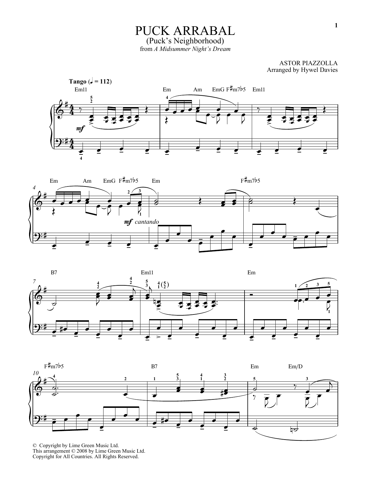 Astor Piazzolla Puck Arrabal Sheet Music Notes & Chords for Piano Solo - Download or Print PDF