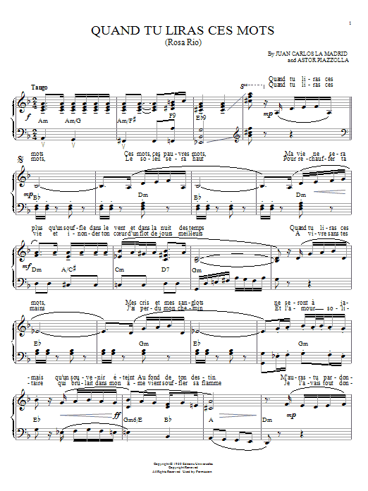 Astor Piazzolla Quand tu liras ces mots (Rosa Rio) Sheet Music Notes & Chords for Piano - Download or Print PDF