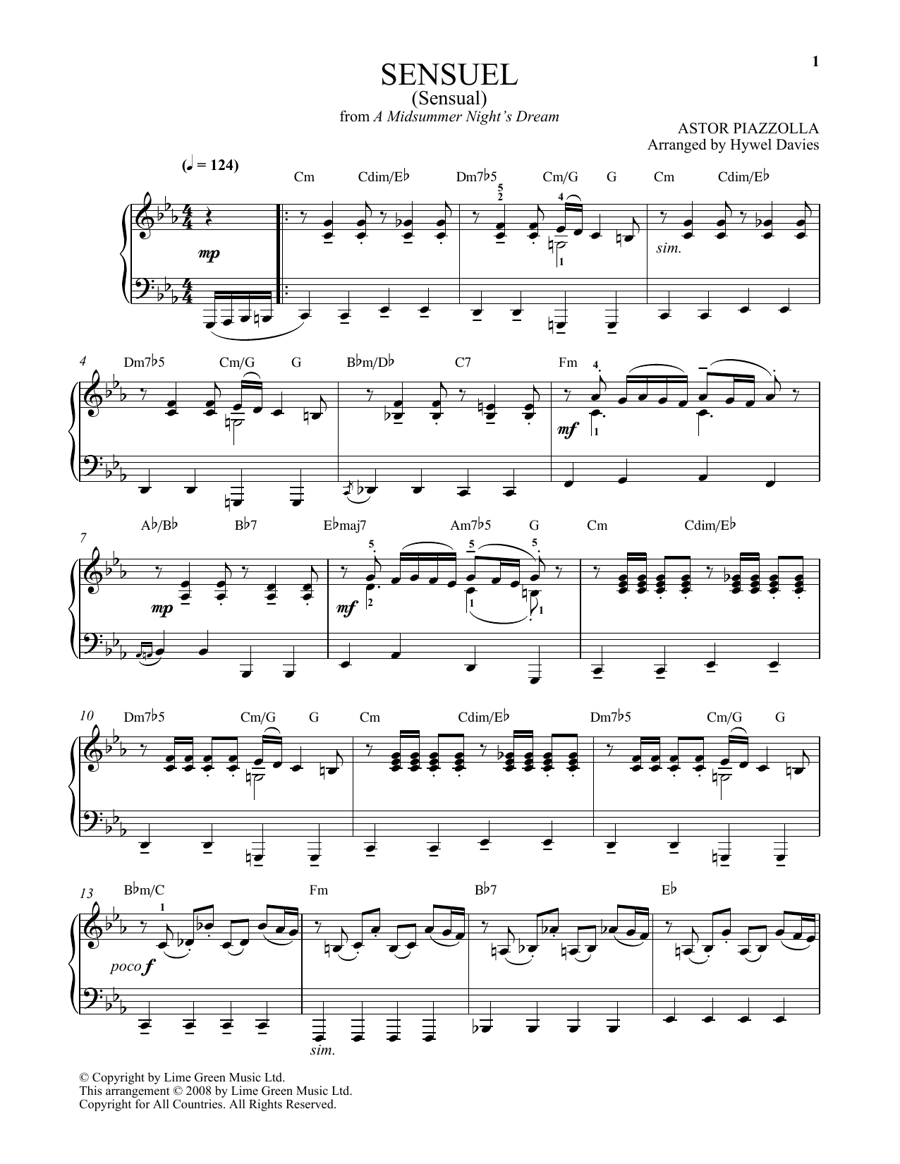 Astor Piazzolla Sensuel Sheet Music Notes & Chords for Piano Solo - Download or Print PDF
