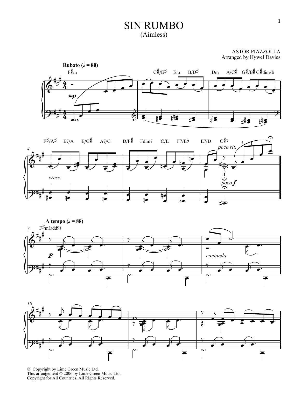 Astor Piazzolla Sin Rumbo Sheet Music Notes & Chords for Piano Solo - Download or Print PDF