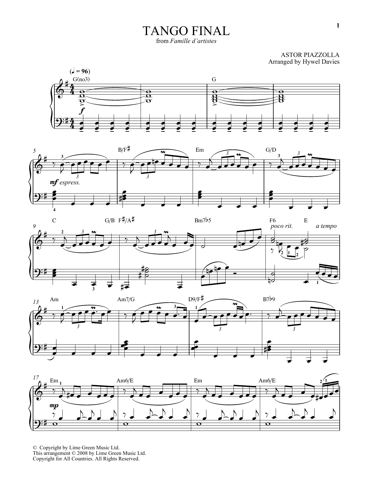Astor Piazzolla Tango Final Sheet Music Notes & Chords for Piano Solo - Download or Print PDF