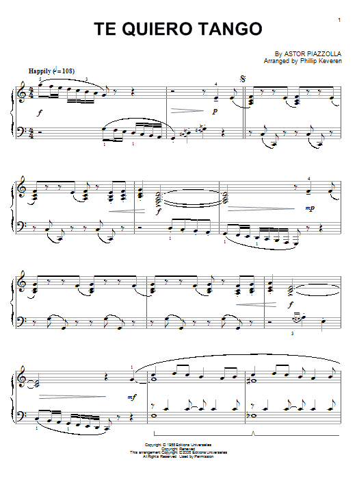 Astor Piazzolla Te quiero tango Sheet Music Notes & Chords for Piano - Download or Print PDF