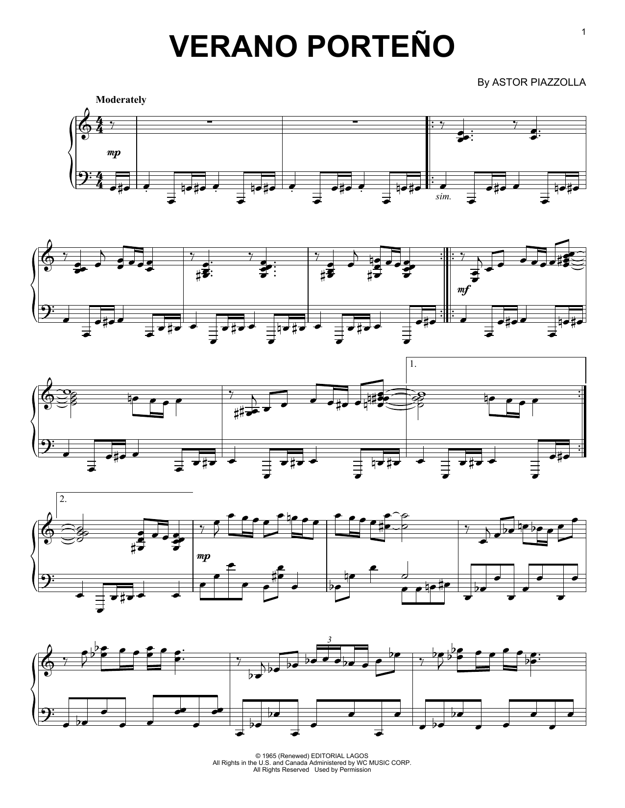 Astor Piazzolla Verano Porteno Sheet Music Notes & Chords for Piano Solo - Download or Print PDF