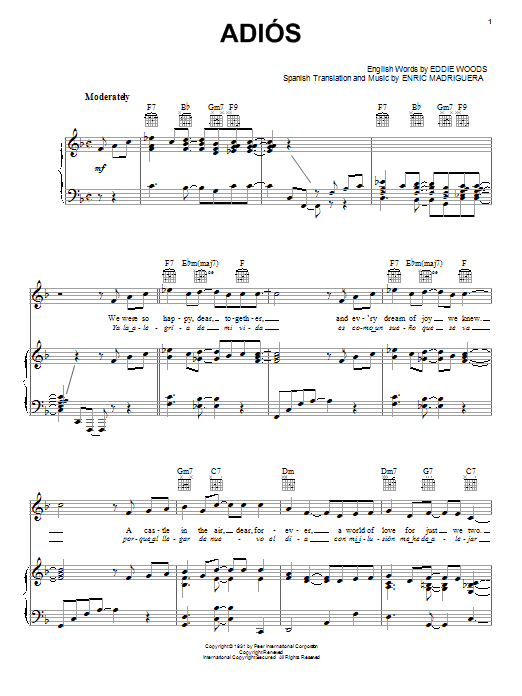 Preview Astor Piazzolla Adios Jazz sheet music, notes and chords for Piano, Vocal & Guitar (Right-Hand Melody), SKU: 19443 Adios sheet music