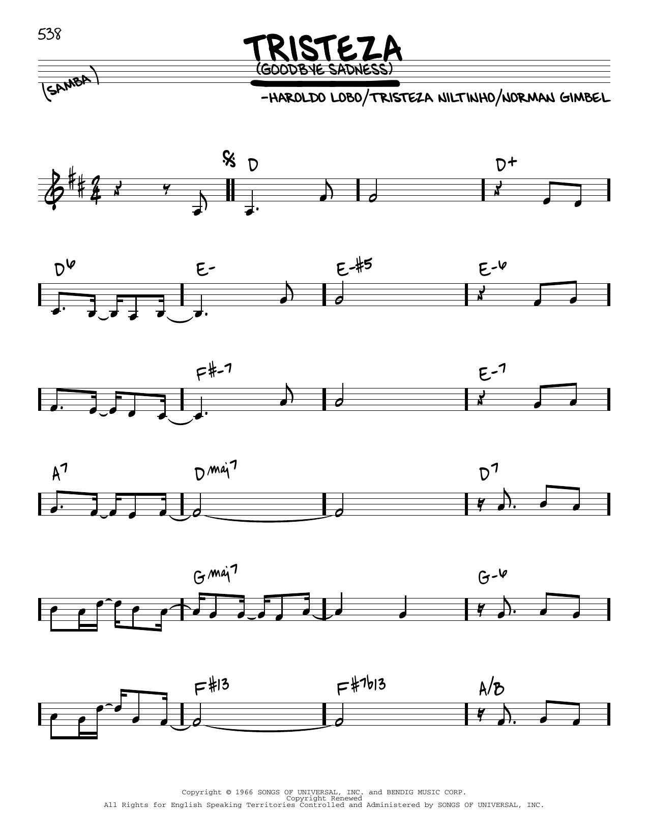 Astrud Gilberto Goodbye Sadness Sheet Music Notes & Chords for Real Book – Melody & Chords - Download or Print PDF