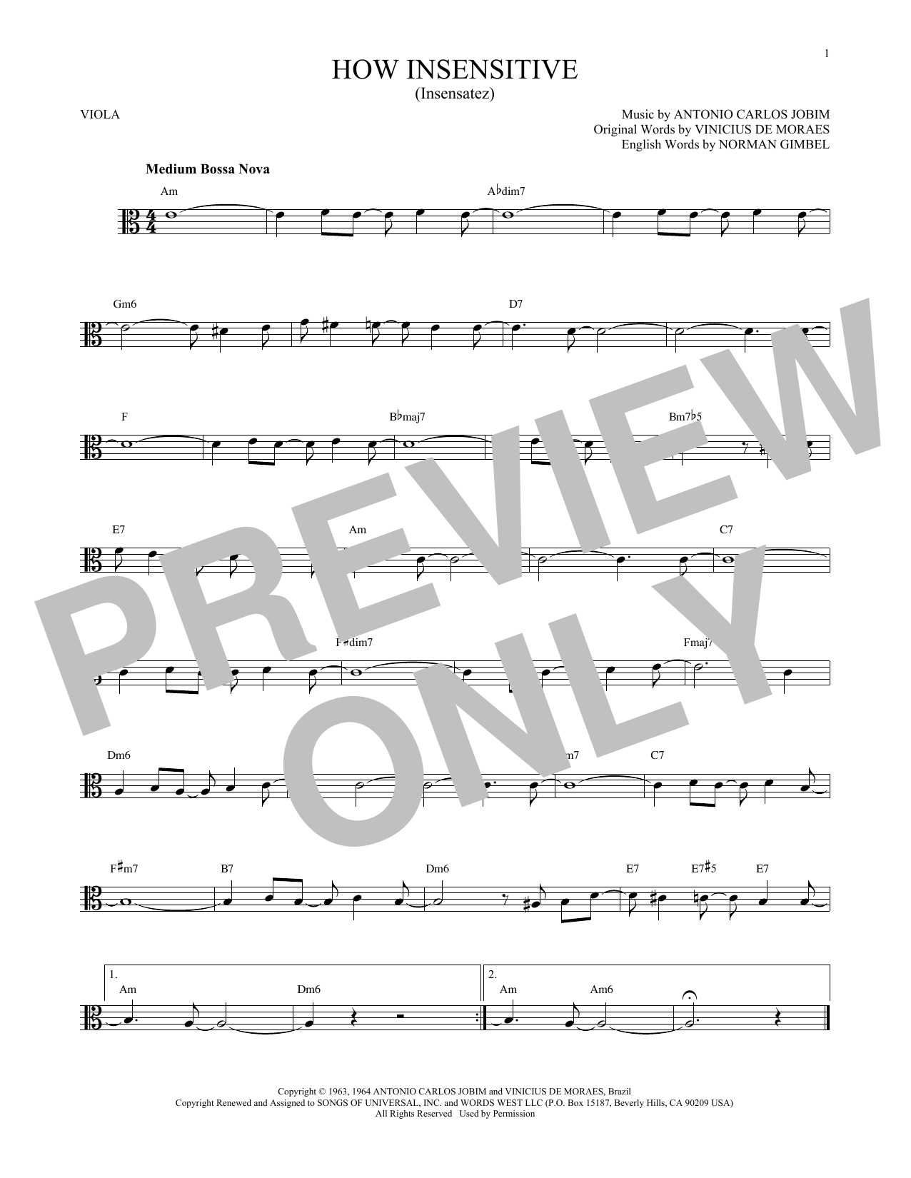 Astrud Gilberto How Insensitive (Insensatez) Sheet Music Notes & Chords for Viola - Download or Print PDF