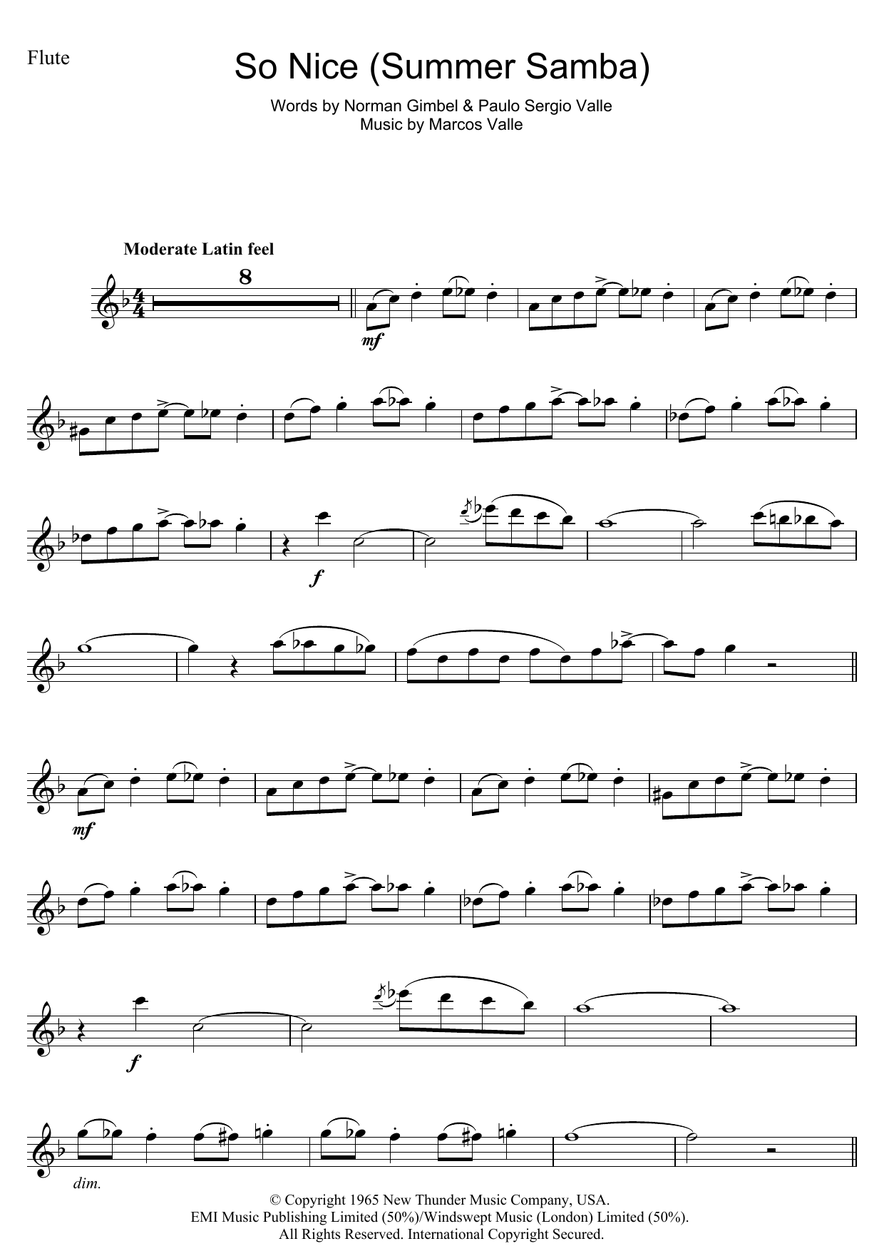 Astrud Gilberto So Nice (Summer Samba) Sheet Music Notes & Chords for Flute - Download or Print PDF