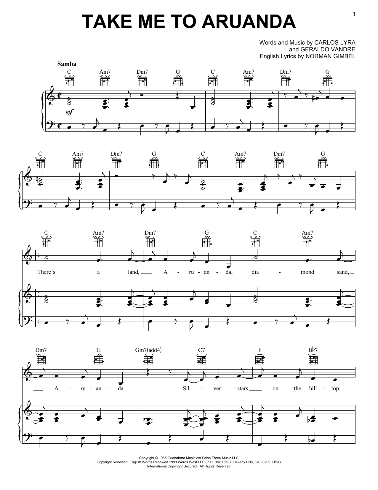 Astrud Gilberto Take Me To Aruanda Sheet Music Notes & Chords for Piano, Vocal & Guitar (Right-Hand Melody) - Download or Print PDF