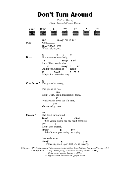 Aswad Don't Turn Around Sheet Music Notes & Chords for Lyrics & Chords - Download or Print PDF