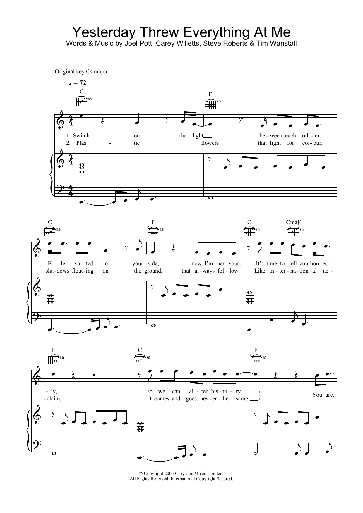 Athlete Yesterday Threw Everything At Me Sheet Music Notes & Chords for Piano, Vocal & Guitar - Download or Print PDF