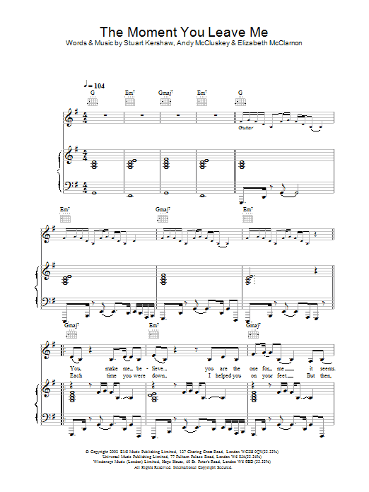 Atomic Kitten The Moment You Leave Me Sheet Music Notes & Chords for Piano, Vocal & Guitar - Download or Print PDF