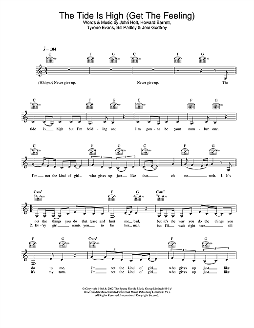 Preview Atomic Kitten The Tide Is High (Get The Feeling) Pop sheet music, notes and chords for Melody Line, Lyrics & Chords, SKU: 24575 sheet music, piano notes, chords, guitar tabs, score, transpose, transcribe, how to play, guide, download, learn, tutorial, progression, song, artist, awards, billboard, mtv, vh1, tour, single, album, release
