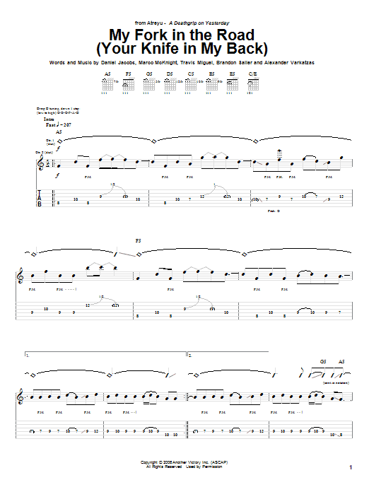 Atreyu My Fork In The Road (Your Knife In My Back) Sheet Music Notes & Chords for Guitar Tab - Download or Print PDF