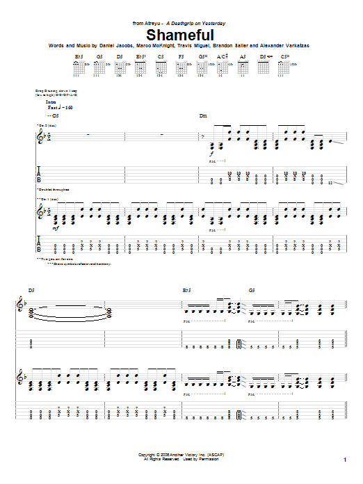Atreyu Shameful Sheet Music Notes & Chords for Guitar Tab - Download or Print PDF