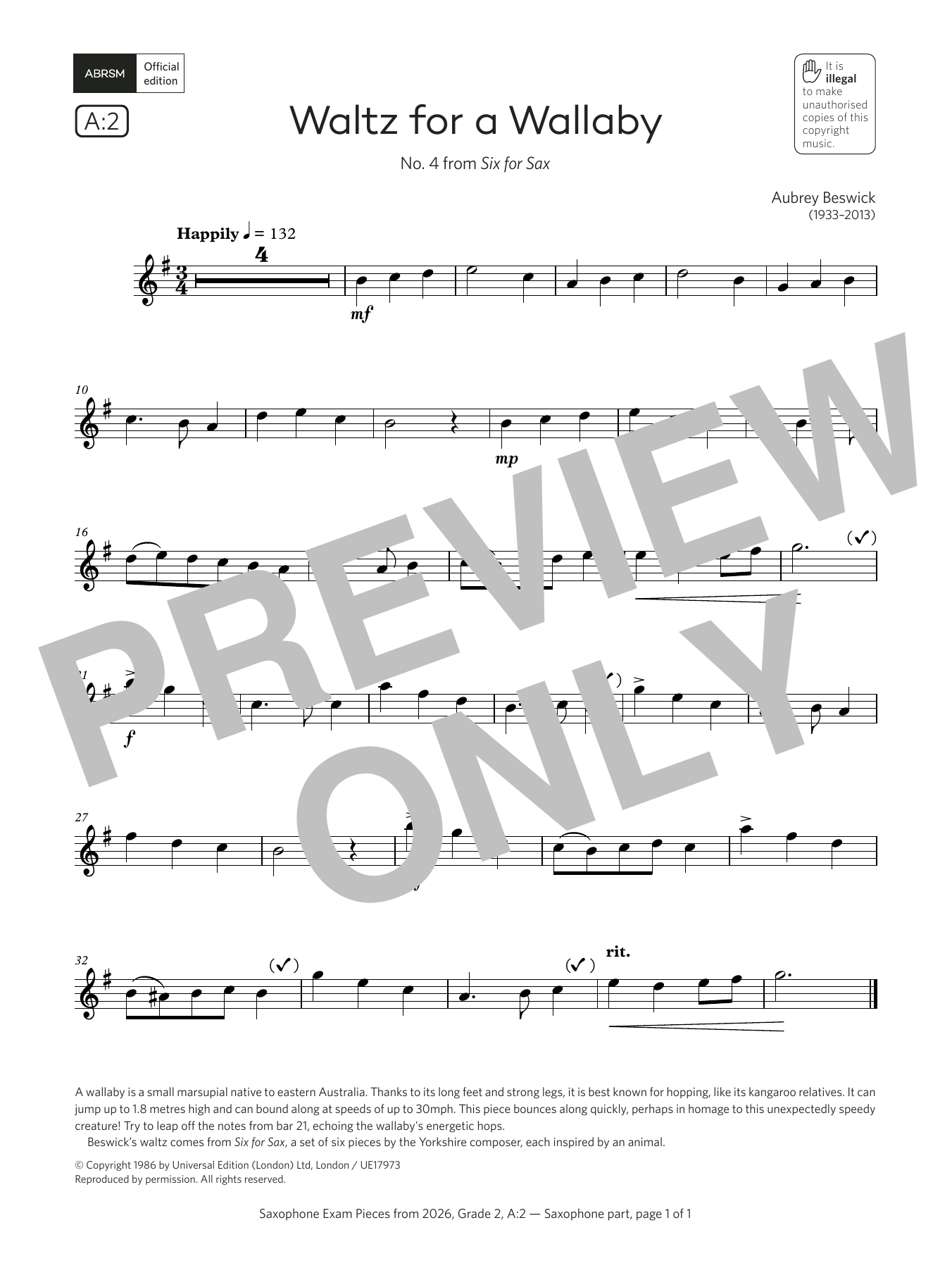 Aubrey Beswick Waltz for a Wallaby (Grade 2, list A2, from the ABRSM Saxophone Syllabus from 2026) Sheet Music Notes & Chords for Alto Sax Solo - Download or Print PDF Aubrey Beswick Waltz for a Wallaby (Grade 2, list A2, from the ABRSM Saxophone Syllabus from 2026) Sheet Music Notes & Chords for Alto Sax Solo - Download or Print PDF