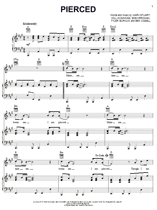Audio Adrenaline Pierced Sheet Music Notes & Chords for Piano, Vocal & Guitar (Right-Hand Melody) - Download or Print PDF Audio Adrenaline Pierced Sheet Music Notes & Chords for Piano, Vocal & Guitar (Right-Hand Melody) - Download or Print PDF