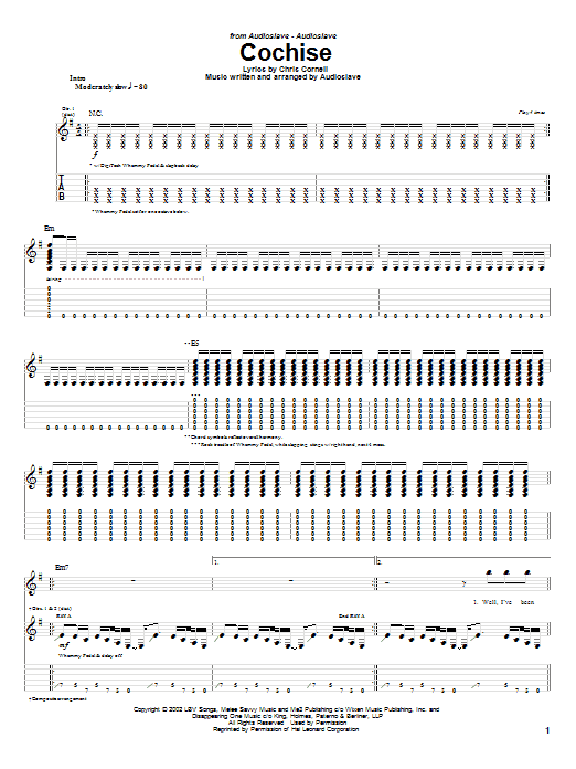 Audioslave Cochise Sheet Music Notes & Chords for Guitar Tab - Download or Print PDF