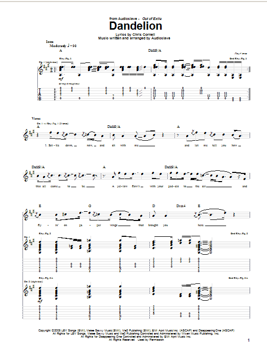 Audioslave Dandelion Sheet Music Notes & Chords for Guitar Tab - Download or Print PDF