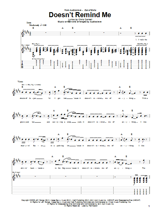 Audioslave Doesn't Remind Me Sheet Music Notes & Chords for Guitar Tab - Download or Print PDF