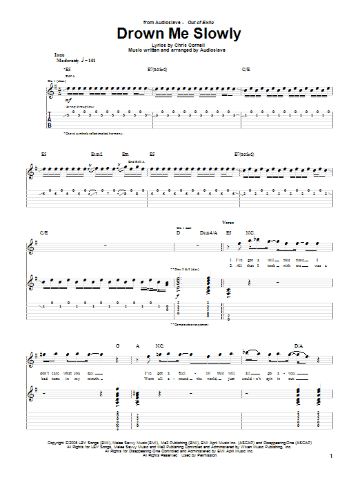 Audioslave Drown Me Slowly Sheet Music Notes & Chords for Guitar Tab - Download or Print PDF Audioslave Drown Me Slowly Sheet Music Notes & Chords for Guitar Tab - Download or Print PDF
