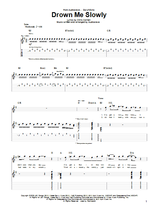 Audioslave Drown Me Slowly Sheet Music Notes & Chords for Guitar Tab - Download or Print PDF