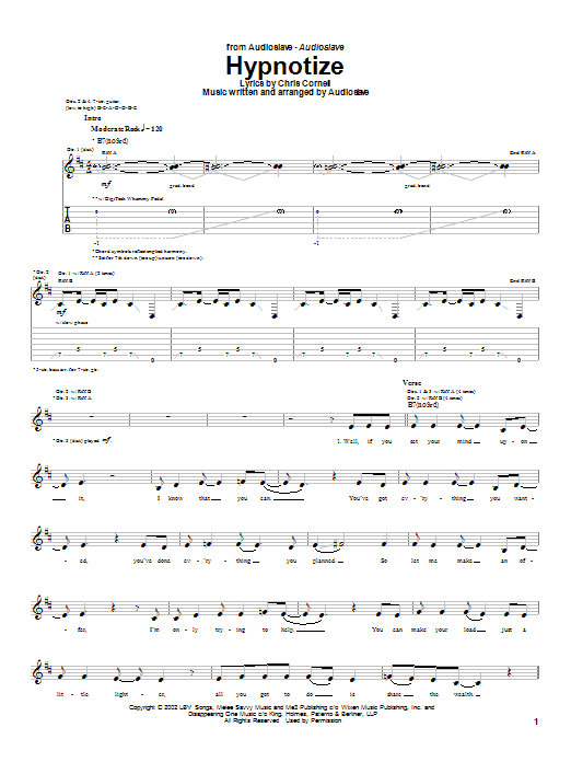 Audioslave Hypnotize Sheet Music Notes & Chords for Guitar Tab - Download or Print PDF