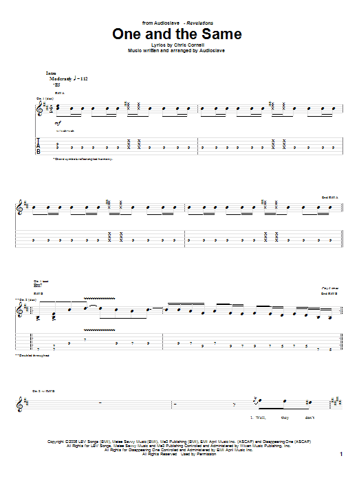 Audioslave One And The Same Sheet Music Notes & Chords for Guitar Tab - Download or Print PDF