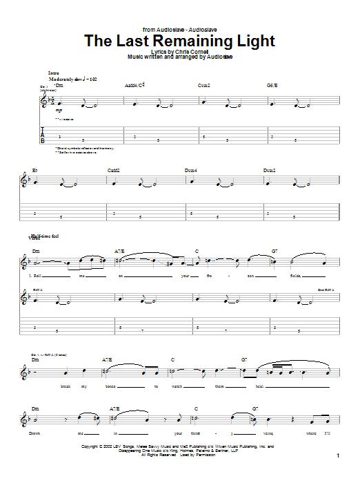 Audioslave The Last Remaining Light Sheet Music Notes & Chords for Guitar Tab - Download or Print PDF