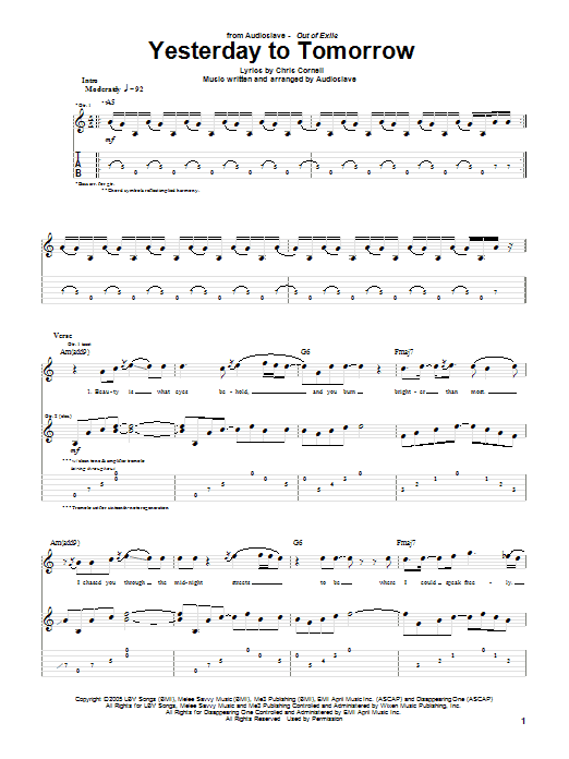 Audioslave Yesterday To Tomorrow Sheet Music Notes & Chords for Guitar Tab - Download or Print PDF