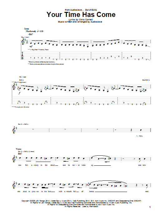 Audioslave Your Time Has Come Sheet Music Notes & Chords for Guitar Tab - Download or Print PDF