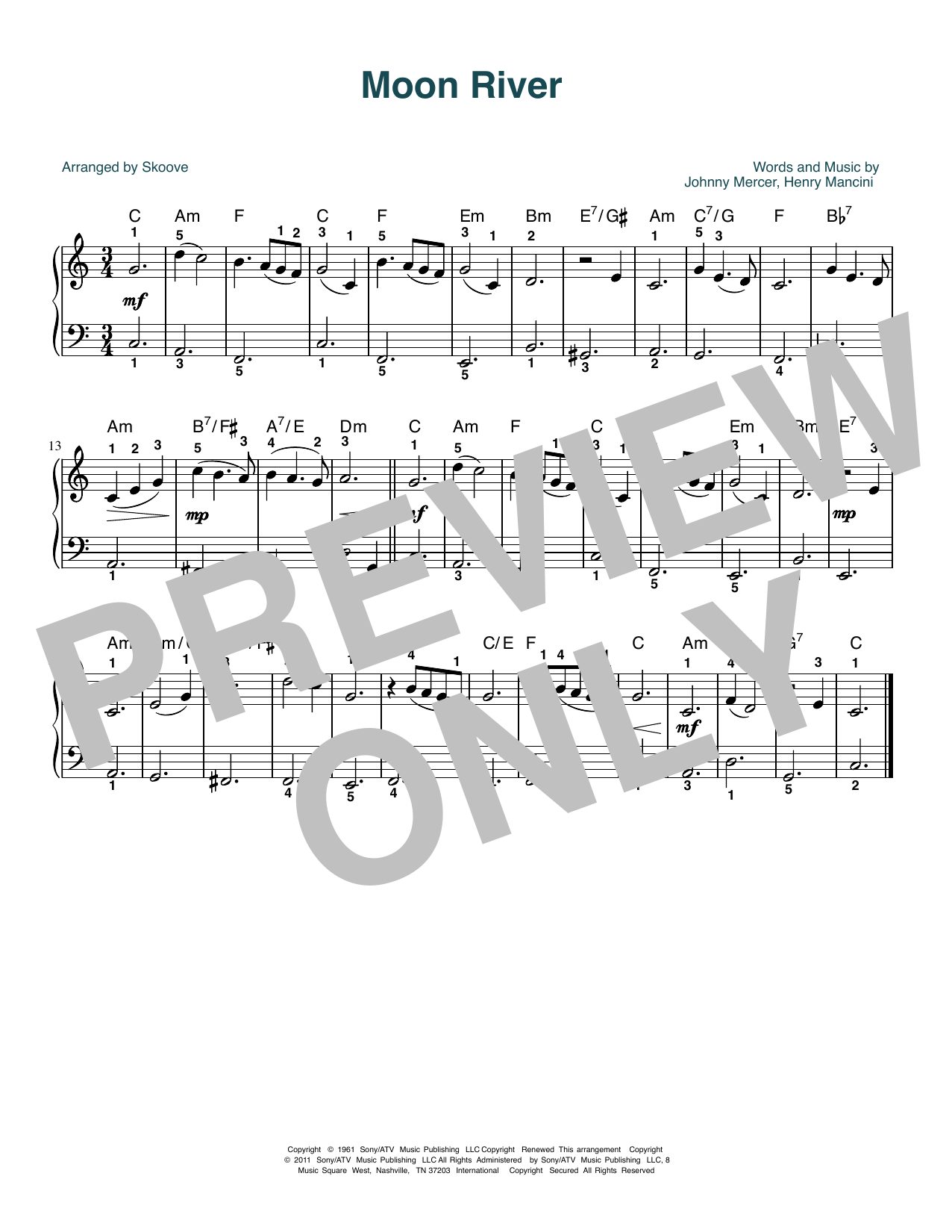 Audrey Hepburn Moon River (arr. Skoove) Sheet Music Notes & Chords for Beginner Piano (Abridged) - Download or Print PDF