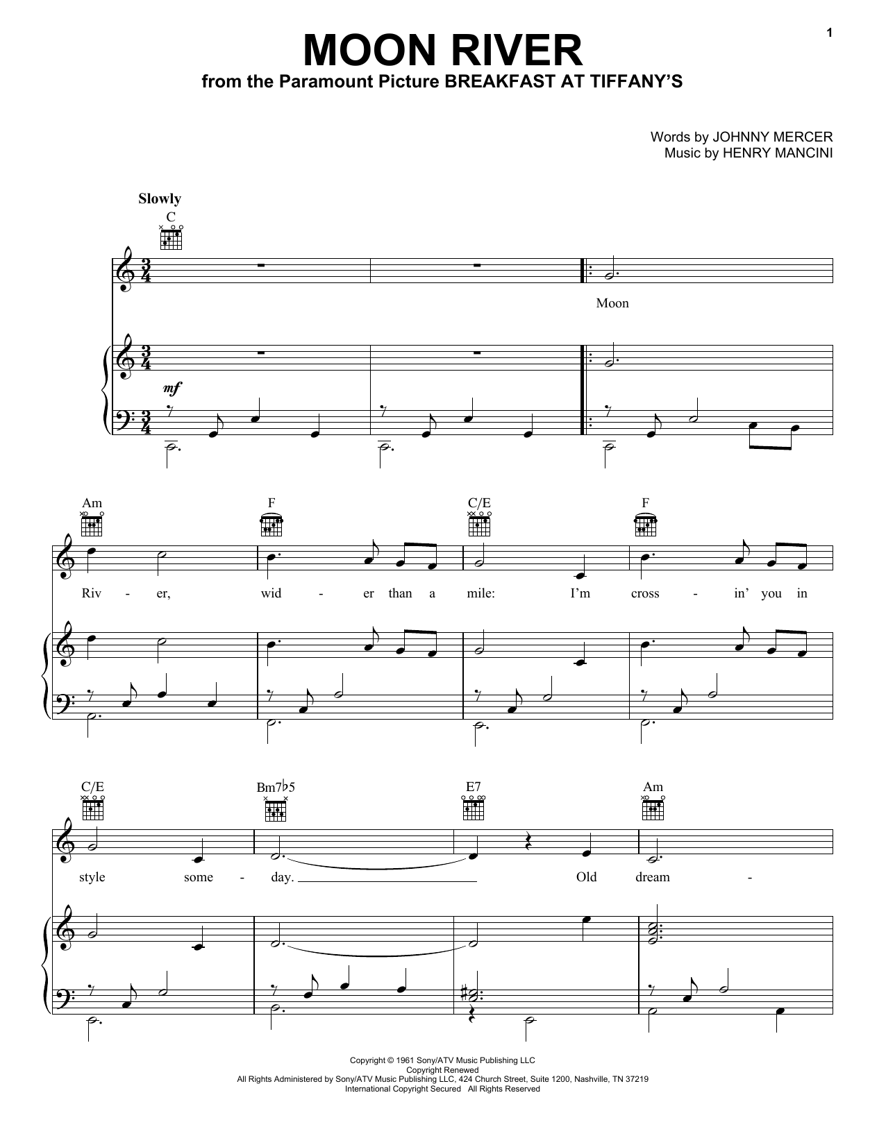Andy Williams Moon River Sheet Music Notes & Chords for Piano, Vocal & Guitar (Right-Hand Melody) - Download or Print PDF