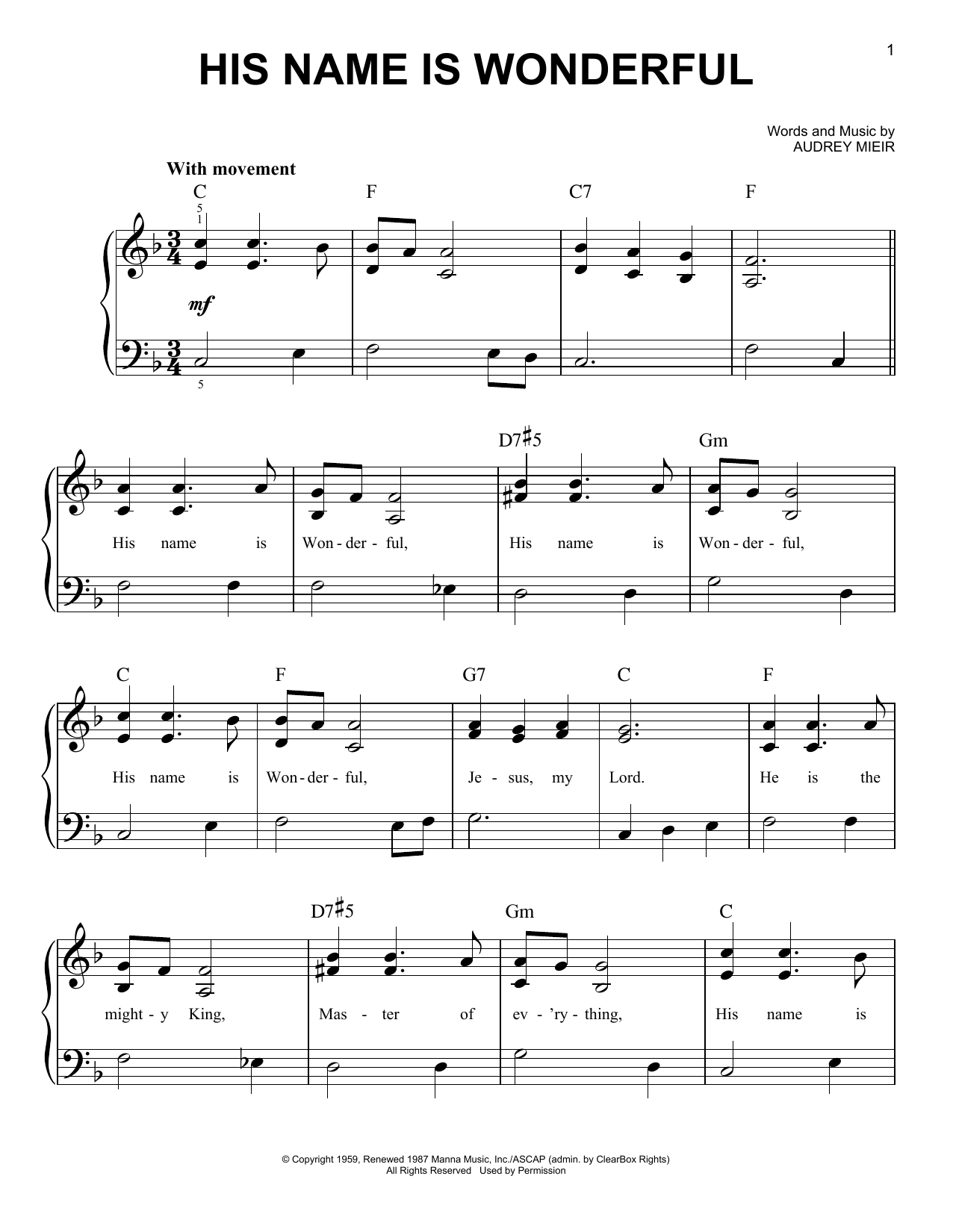 Audrey Mieir His Name Is Wonderful Sheet Music Notes & Chords for Super Easy Piano - Download or Print PDF