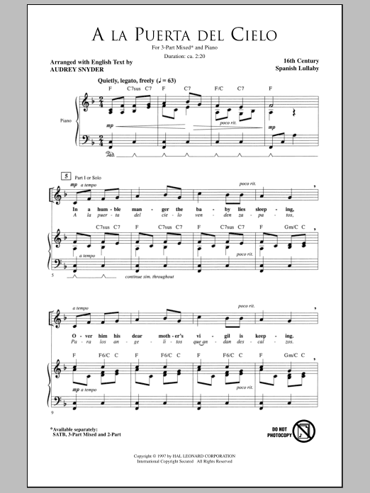 Audrey Snyder A La Puerta Del Cielo Sheet Music Notes & Chords for 3-Part Mixed - Download or Print PDF