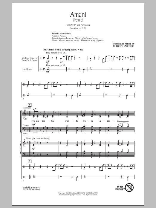 Audrey Snyder Amani (Peace) Sheet Music Notes & Chords for 3-Part Mixed - Download or Print PDF