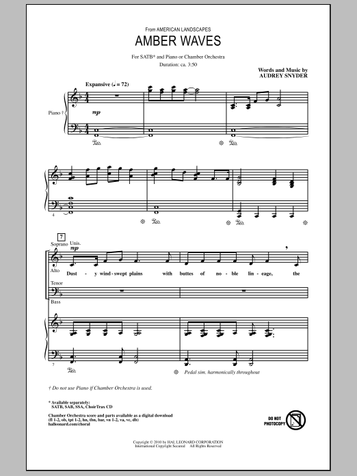 Audrey Snyder Amber Waves Sheet Music Notes & Chords for SAB - Download or Print PDF
