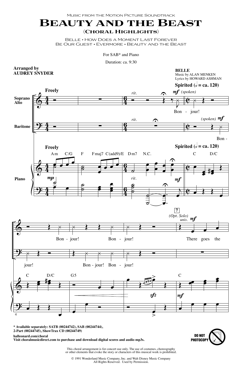 Audrey Snyder Beauty and The Beast (Choral Highlights) Sheet Music Notes & Chords for SAB - Download or Print PDF