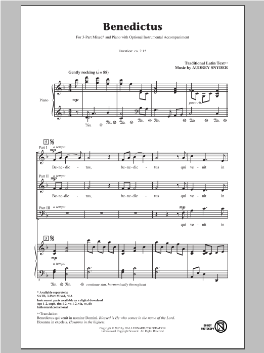 Audrey Snyder Benedictus Sheet Music Notes & Chords for SSA - Download or Print PDF