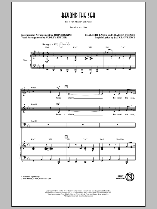 Audrey Snyder Beyond The Sea Sheet Music Notes & Chords for 3-Part Mixed Choir - Download or Print PDF