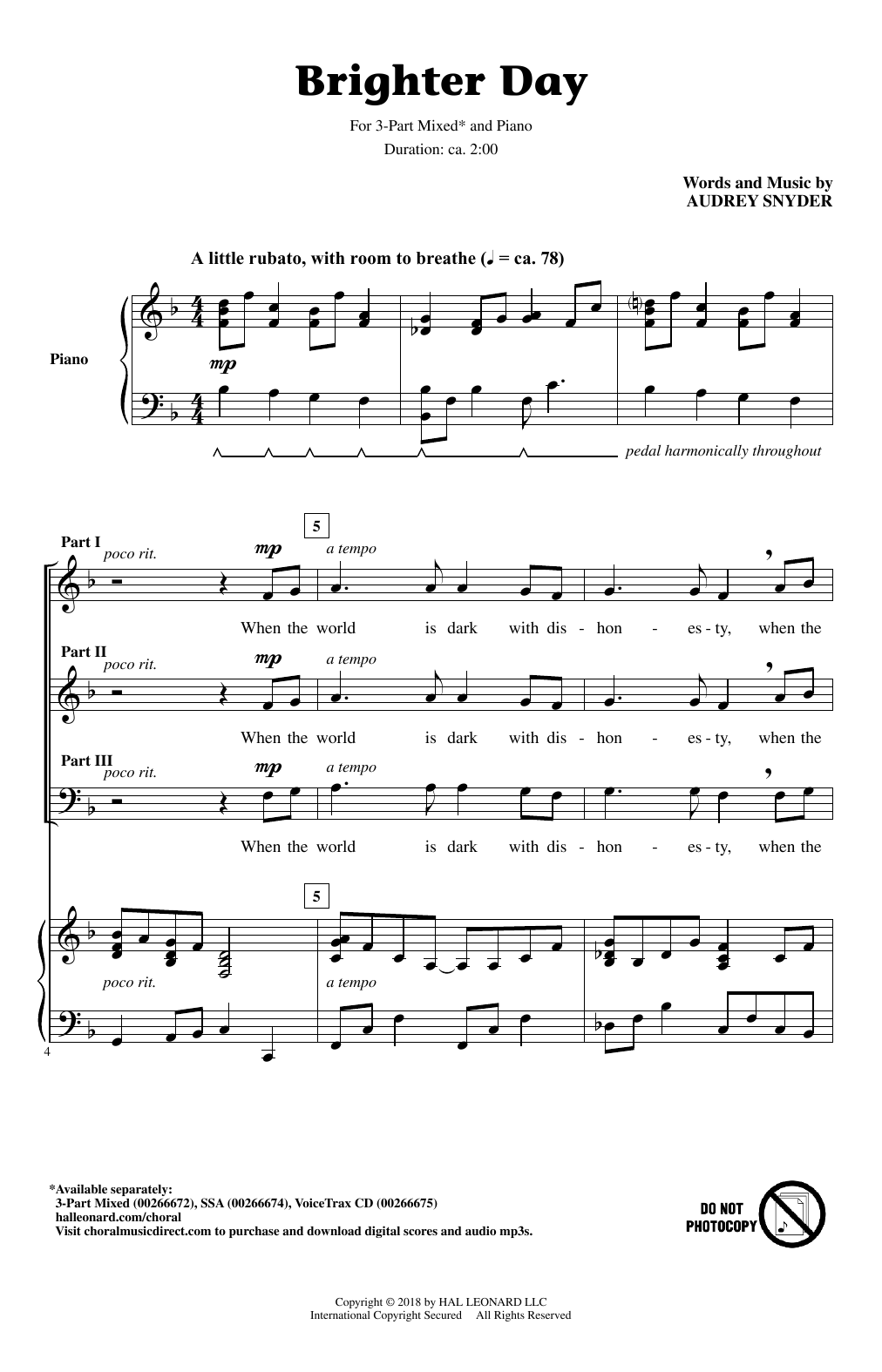 Audrey Snyder Brighter Day Sheet Music Notes & Chords for 3-Part Mixed - Download or Print PDF