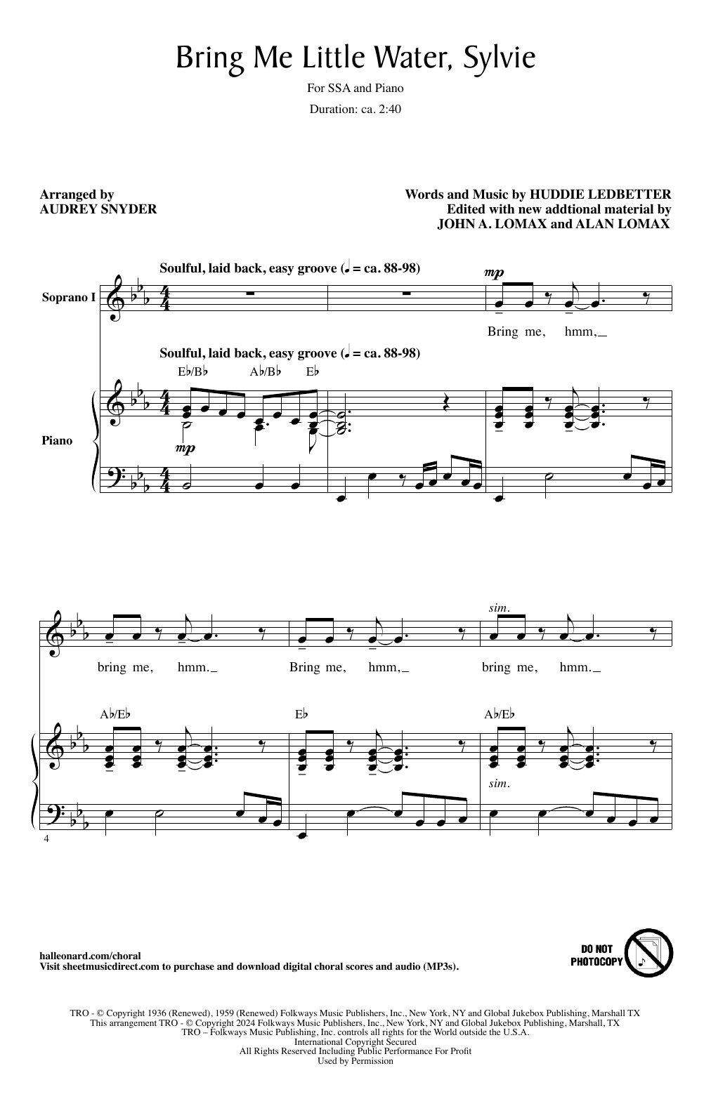 Audrey Snyder Bring Me Little Water, Silvie Sheet Music Notes & Chords for SSA Choir - Download or Print PDF