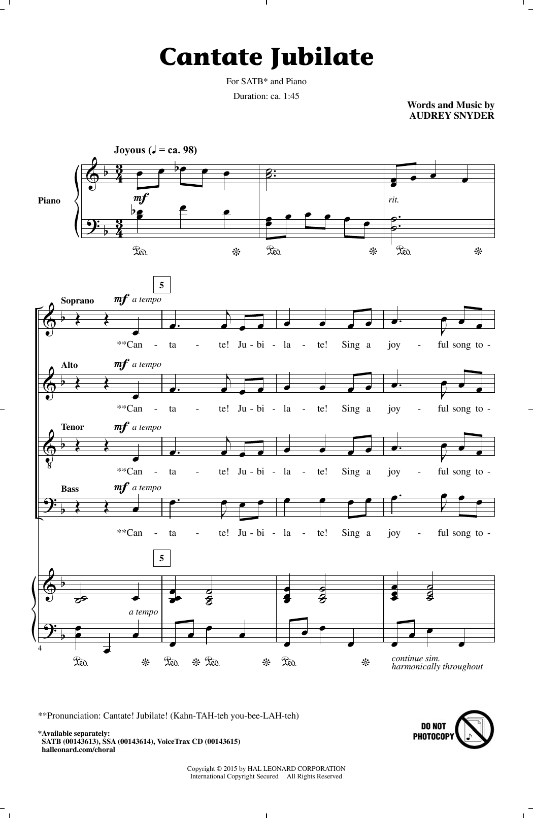 Audrey Snyder Cantate Jubilate Sheet Music Notes & Chords for SATB - Download or Print PDF