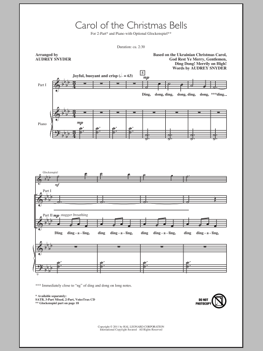 Audrey Snyder Carol Of The Christmas Bells Sheet Music Notes & Chords for 2-Part Choir - Download or Print PDF