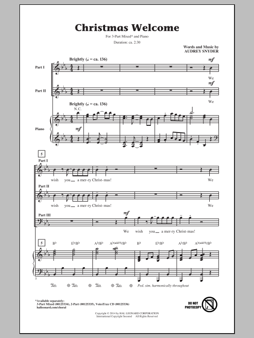 Audrey Snyder Christmas Welcome Sheet Music Notes & Chords for 3-Part Mixed - Download or Print PDF