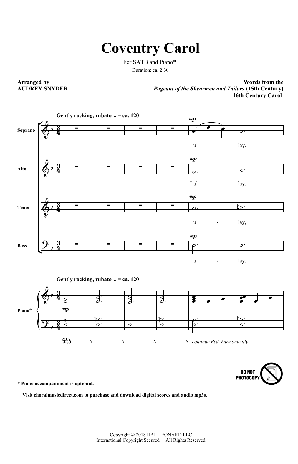 Audrey Snyder Coventry Carol Sheet Music Notes & Chords for SSA Choir - Download or Print PDF