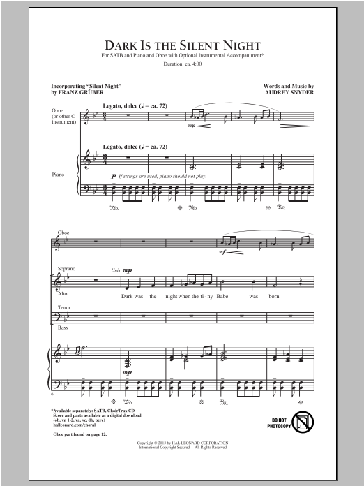 Audrey Snyder Dark Is The Silent Night Sheet Music Notes & Chords for SATB - Download or Print PDF